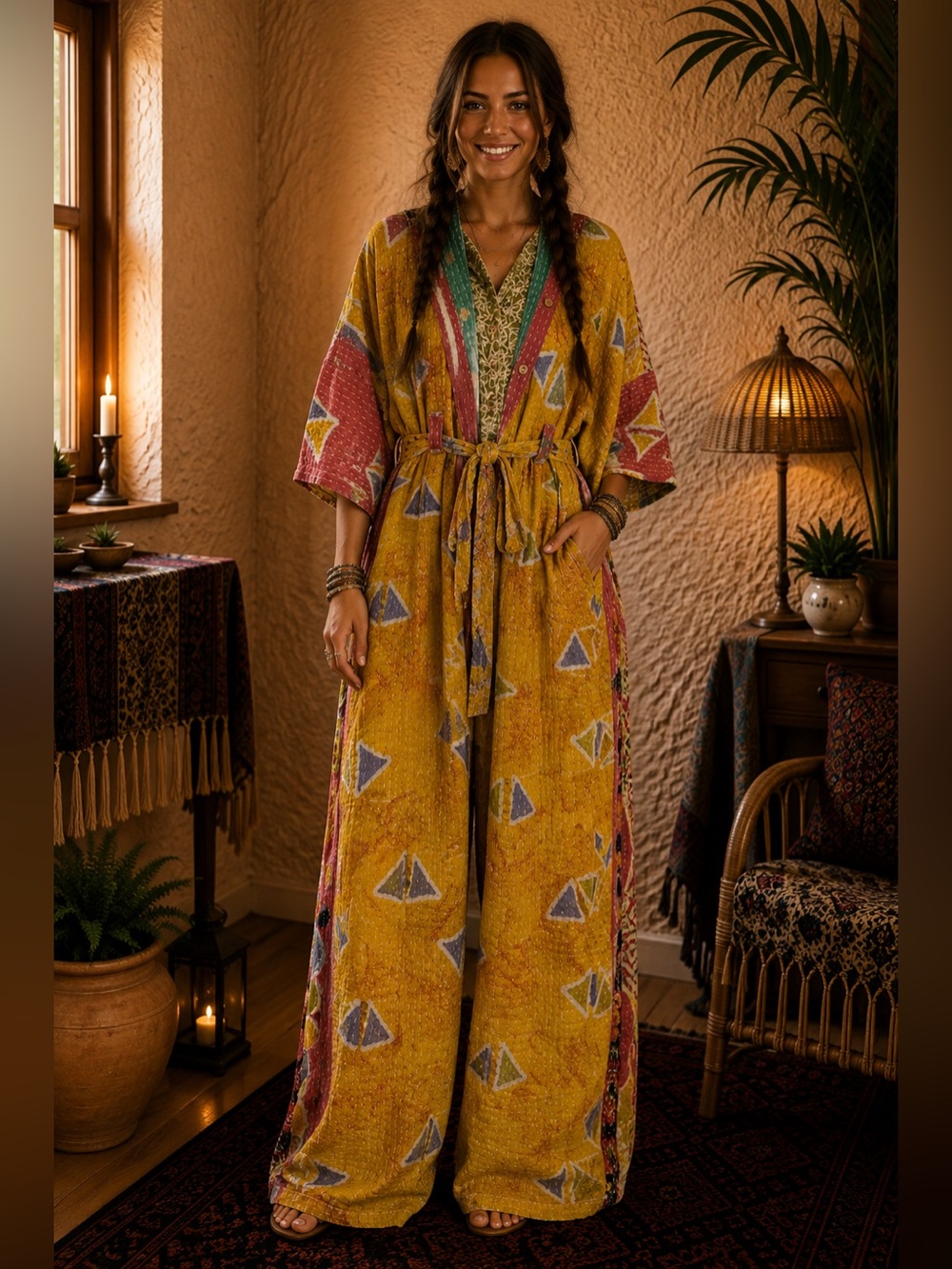 Kantha Patchwork Wide Leg Jumpsuit Kimono Sleeve Boho Reversible #231